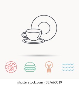 Coffee cup icon. Food and drink sign. Global connect network, ocean wave and burger icons. Lightbulb lamp symbol.