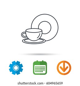 Coffee cup icon. Food and drink sign. Calendar, cogwheel and download arrow signs. Colored flat web icons. Vector