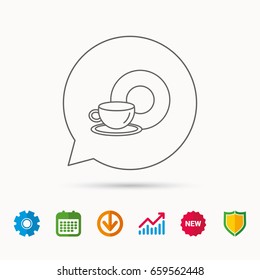 Coffee cup icon. Food and drink sign. Calendar, Graph chart and Cogwheel signs. Download and Shield web icons. Vector