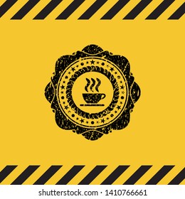 coffee cup icon grunge black emblem with yellow background, warning sign. Vector Illustration. Detailed.
