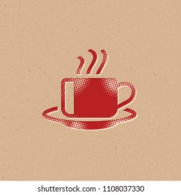 Coffee cup icon in halftone style. Grunge background vector illustration.