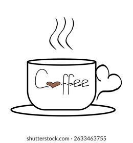 Coffee cup icon. Heart text detail. Steam wave lines. Vector illustration.