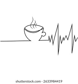 Coffee cup icon. Heartbeat line detail. Steam wave. Vector illustration.