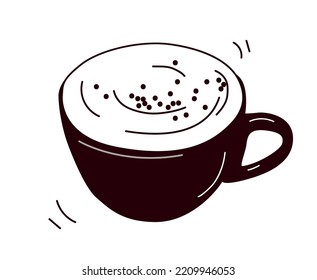 Coffee cup icon. Hot drink with cream and chocolate chips. Sweetness, dessert and delicacy. Cafe or restaurant menu. Graphic element for website. Beverage and aroma. Cartoon flat vector illustration