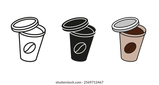 Coffee cup icon. Hot drink paper cup with plastic lid coffee bean vector illustration. Hot beverage disposable cup symbol. Espresso sign. Cappuccino, americano or latte pictogram. Take away coffee.