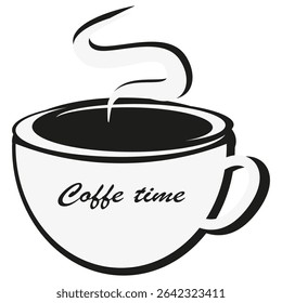 Coffee cup icon. Hot drink vector. Coffe time text. Steam black shape.