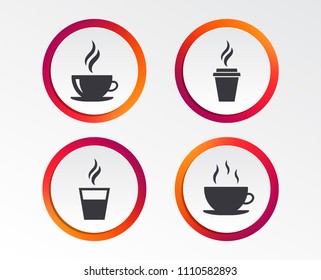 Coffee cup icon. Hot drinks glasses symbols. Take away or take-out tea beverage signs. Infographic design buttons. Circle templates. Vector