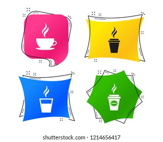 Coffee cup icon. Hot drinks glasses symbols. Take away or take-out tea beverage signs. Geometric colorful tags. Banners with flat icons. Trendy design. Vector