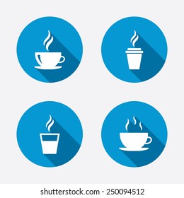 Coffee cup icon. Hot drinks glasses symbols. Take away or take-out tea beverage signs. Circle concept web buttons. Vector