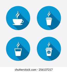 Coffee cup icon. Hot drinks glasses symbols. Take away or take-out tea beverage signs. Circle concept web buttons. Vector