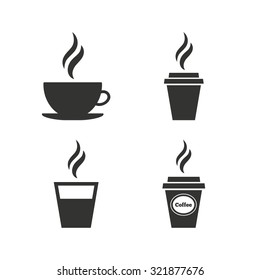 Coffee cup icon. Hot drinks glasses symbols. Take away or take-out tea beverage signs. Flat icons on white. Vector