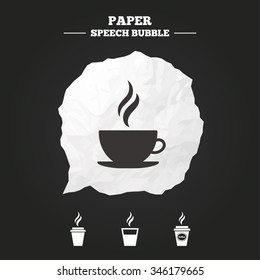 Coffee cup icon. Hot drinks glasses symbols. Take away or take-out tea beverage signs. Paper speech bubble with icon.