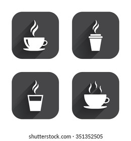 Coffee cup icon. Hot drinks glasses symbols. Take away or take-out tea beverage signs. Square flat buttons with long shadow.