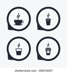 Coffee cup icon. Hot drinks glasses symbols. Take away or take-out tea beverage signs. Flat icon pointers.