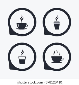 Coffee cup icon. Hot drinks glasses symbols. Take away or take-out tea beverage signs. Flat icon pointers.