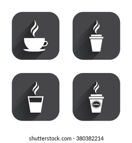 Coffee cup icon. Hot drinks glasses symbols. Take away or take-out tea beverage signs. Square flat buttons with long shadow.