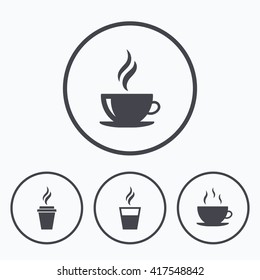 Coffee cup icon. Hot drinks glasses symbols. Take away or take-out tea beverage signs. Icons in circles.