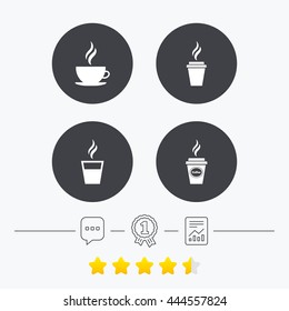 Coffee cup icon. Hot drinks glasses symbols. Take away or take-out tea beverage signs. Chat, award medal and report linear icons. Star vote ranking. Vector