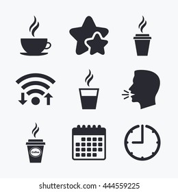 Coffee cup icon. Hot drinks glasses symbols. Take away or take-out tea beverage signs. Wifi internet, favorite stars, calendar and clock. Talking head. Vector