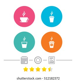 Coffee cup icon. Hot drinks glasses symbols. Take away or take-out tea beverage signs. Calendar, cogwheel and report linear icons. Star vote ranking. Vector