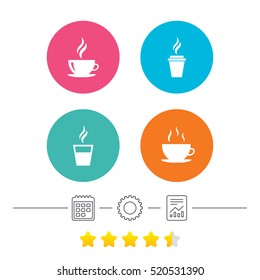 Coffee cup icon. Hot drinks glasses symbols. Take away or take-out tea beverage signs. Calendar, cogwheel and report linear icons. Star vote ranking. Vector