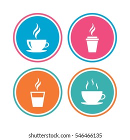 Coffee cup icon. Hot drinks glasses symbols. Take away or take-out tea beverage signs. Colored circle buttons. Vector