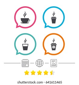 Coffee cup icon. Hot drinks glasses symbols. Take away or take-out tea beverage signs. Calendar, internet globe and report linear icons. Star vote ranking. Vector