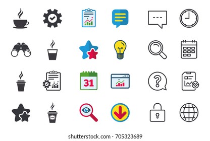 Coffee cup icon. Hot drinks glasses symbols. Take away or take-out tea beverage signs. Chat, Report and Calendar signs. Stars, Statistics and Download icons. Question, Clock and Globe. Vector