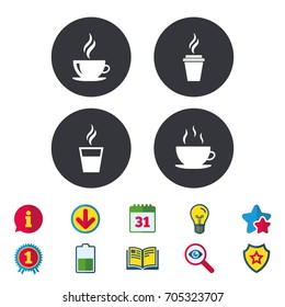 Coffee cup icon. Hot drinks glasses symbols. Take away or take-out tea beverage signs. Calendar, Information and Download signs. Stars, Award and Book icons. Light bulb, Shield and Search. Vector