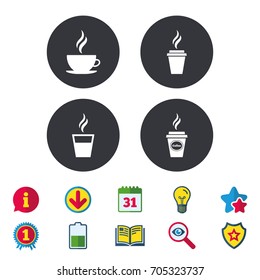 Coffee cup icon. Hot drinks glasses symbols. Take away or take-out tea beverage signs. Calendar, Information and Download signs. Stars, Award and Book icons. Light bulb, Shield and Search. Vector
