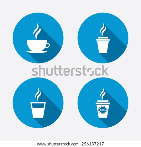 Coffee cup icon. Hot drinks glasses symbols. Take away or take-out tea beverage signs. Circle concept web buttons. Vector