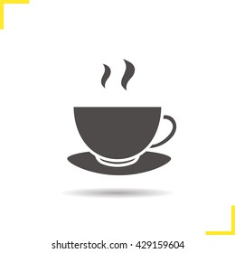 Coffee cup icon. Hot, steaming teacup on plate. Drop shadow silhouette symbol. Negative space. Vector isolated illustration