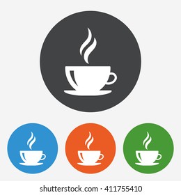 Coffee cup icon. Hot tea drink with steam. Circle buttons with flat sign. Vector