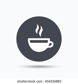 Coffee cup icon. Hot tea drink symbol. Flat web button with icon on white background. Gray round pressbutton with shadow. Vector