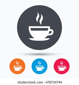 Coffee cup icon. Hot tea drink symbol. Colored circle buttons with flat web icon. Vector