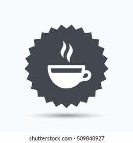 Coffee cup icon. Hot tea drink symbol. Gray star button with flat web icon. Vector