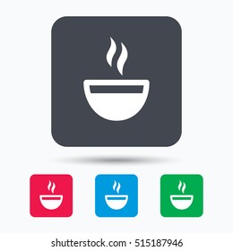 Coffee cup icon. Hot tea drink symbol. Colored square buttons with flat web icon. Vector