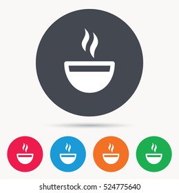 Coffee cup icon. Hot tea drink symbol. Colored circle buttons with flat web icon. Vector