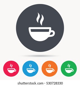 Coffee cup icon. Hot tea drink symbol. Colored circle buttons with flat web icon. Vector
