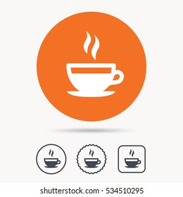 Coffee cup icon. Hot tea drink symbol. Orange circle button with web icon. Star and square design. Vector