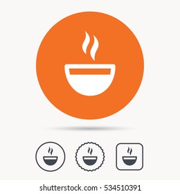 Coffee cup icon. Hot tea drink symbol. Orange circle button with web icon. Star and square design. Vector