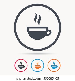 Coffee cup icon. Hot tea drink symbol. Colored circle buttons with flat web icon. Vector