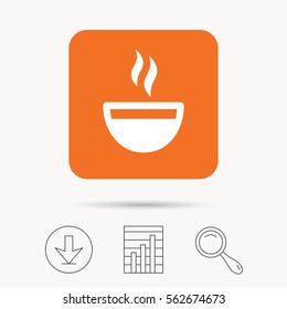 Coffee cup icon. Hot tea drink symbol. Report chart, download and magnifier search signs. Orange square button with web icon. Vector