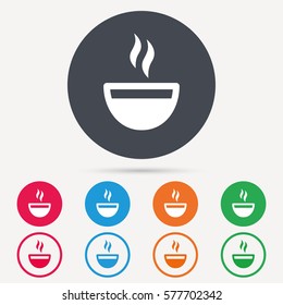 Coffee cup icon. Hot tea drink symbol. Round circle buttons. Colored flat web icons. Vector