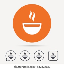Coffee cup icon. Hot tea drink symbol. Circle, speech bubble and star buttons. Flat web icons. Vector