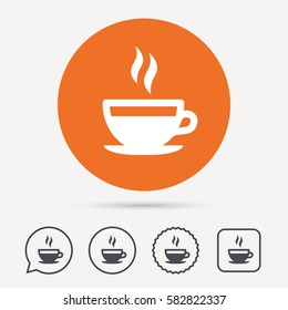 Coffee cup icon. Hot tea drink symbol. Circle, speech bubble and star buttons. Flat web icons. Vector
