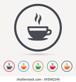 Coffee cup icon. Hot tea drink symbol. Round circle buttons. Colored flat web icons. Vector