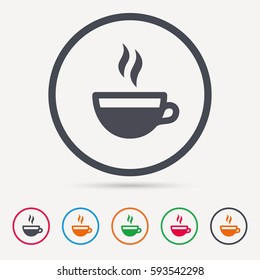 Coffee cup icon. Hot tea drink symbol. Round circle buttons. Colored flat web icons. Vector