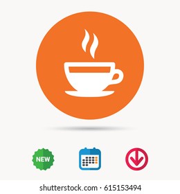 Coffee cup icon. Hot tea drink symbol. Calendar, download arrow and new tag signs. Colored flat web icons. Vector