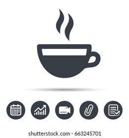 Coffee cup icon. Hot tea drink symbol. Calendar, chart and checklist signs. Video camera and attach clip web icons. Vector